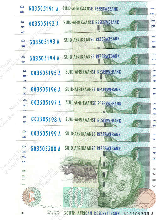 TT Mboweni, 1st Issue  10 x Consecutive UNC  R10`s ` GQ3505291 - 00 A
