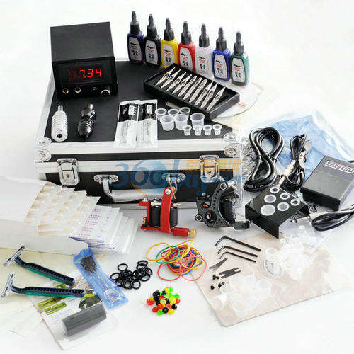 Professional Tattoo Kit with Accessories- 2 Guns with Aluminum Grips and 7 Inks.