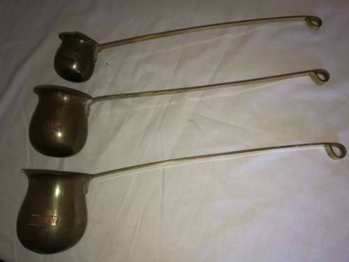 3 VINTAGE BRASS TOT MEASURE LADLES