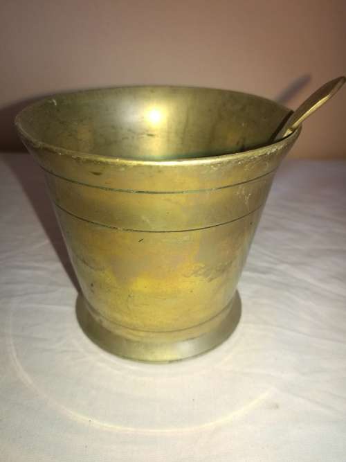 BRASS SUGAR BOWL AND SPOON