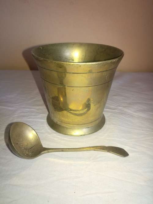 BRASS SUGAR BOWL AND SPOON