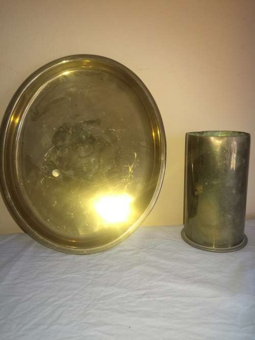 BRASS TRAY AND BRASS  SHELL  CASING VASE
