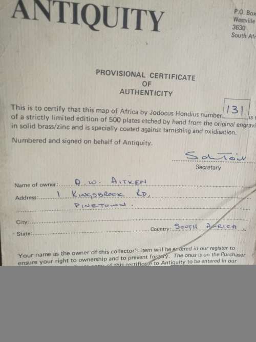 FRAMED LIMITED EDITION NO 131 HAND ETCHED COPY OF MAP OF AFRICA 1606