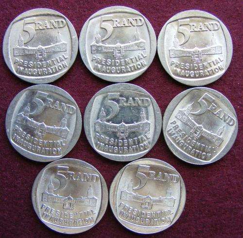 Eight R5  MANDELA  INAGURATION COINS IN A/UNC CONDITION.