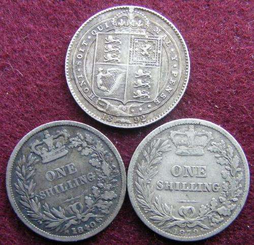 1879,1840 and 1892  BRITISH SILVER  queen victoria  shillings.ONE BID FOR ALL 3