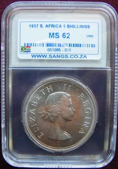 1957  graded SA UNION 5 SHILLINGS MS62