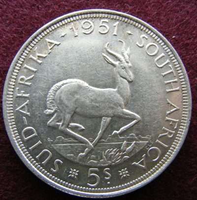 1951 SA UNION SILVER five shilling  A/UNC