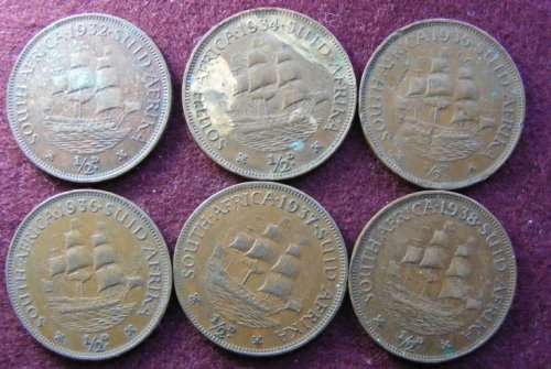 +-1932, 34,35,36,37,38 SA UNION HALF PENNIES ALL WITH LOW MINTAGE