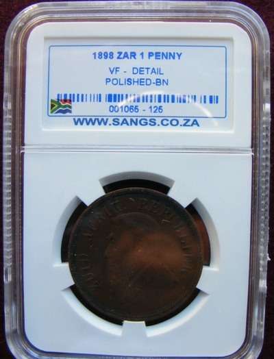 1898 ZAR  PENNY. SANGS GRADED:VFDETAIL POLISHED-BN