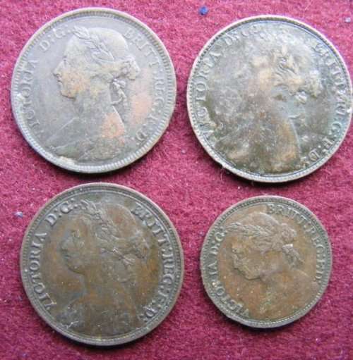 1874,   1880, 1891 HALF PENNIES +1879. QUARTER PENNY   ALL VICTORIA YOUNG HEAD
