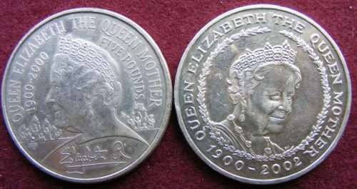 TWO BRITISH 5 POUND SILVER CROWNS. EACG 28.4 GRAMS  A/UNC.