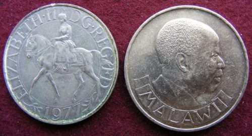 TWO CROWNS:  ONE BRITISH CROWN [28g]  + ONE MALAWIE 1971 ONE KWAGGA [28.4g]  with rim inscriptions.