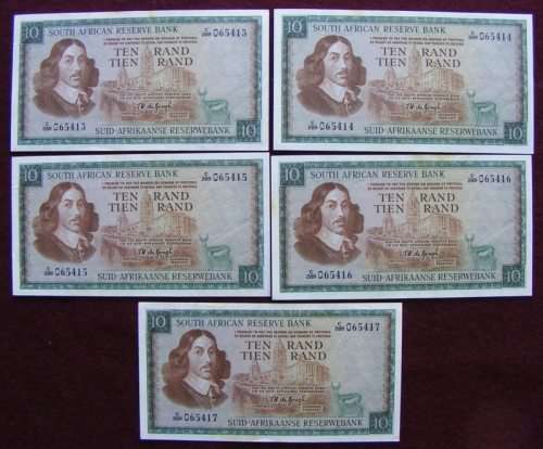 Five R10 notes IN SEQUENCE signed by TW de Jongh