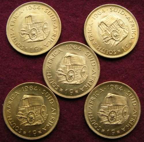Five 1964  1C  BRILLIANT UNC COINS.