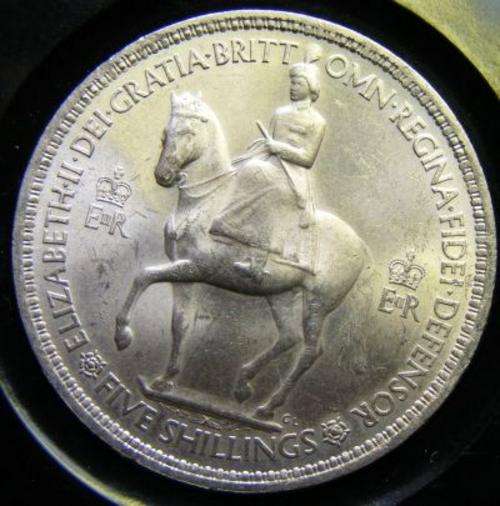 1953  UNC. BRITISH SILVER CROWN-----5/    NO STAINS----JUST EFFECT OF LIGHT.