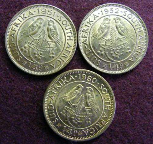 3  SA UNION A/UNC FARTHINGS   1951, 52 AND 60