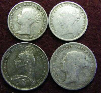 4 BRITISH SILVER COINS 1843 , 1880 TICKEYS, 1885 SIXPENCE , 1887 SIXPENCE