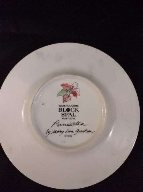 MARY LOU GOERTZEN -POINSETTIA BLOCK SPAL CUPS AND SAUCERS WATERCOLOURS