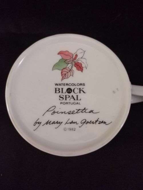 MARY LOU GOERTZEN -POINSETTIA BLOCK SPAL CUPS AND SAUCERS WATERCOLOURS