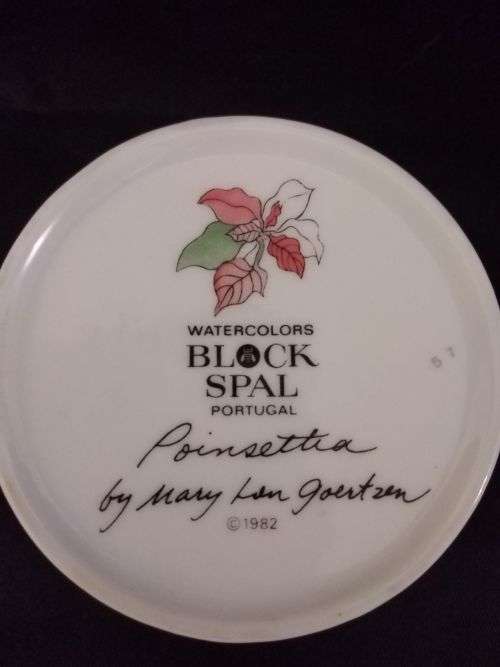 MARY LOU GOERTZEN -POINSETTIA BLOCK SPAL CUPS AND SAUCERS WATERCOLOURS