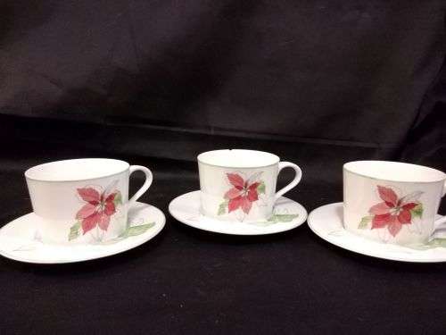 MARY LOU GOERTZEN -POINSETTIA BLOCK SPAL CUPS AND SAUCERS WATERCOLOURS