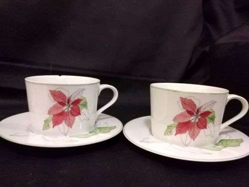 MARY LOU GOERTZEN -POINSETTIA BLOCK SPAL CUPS AND SAUCERS WATERCOLOURS