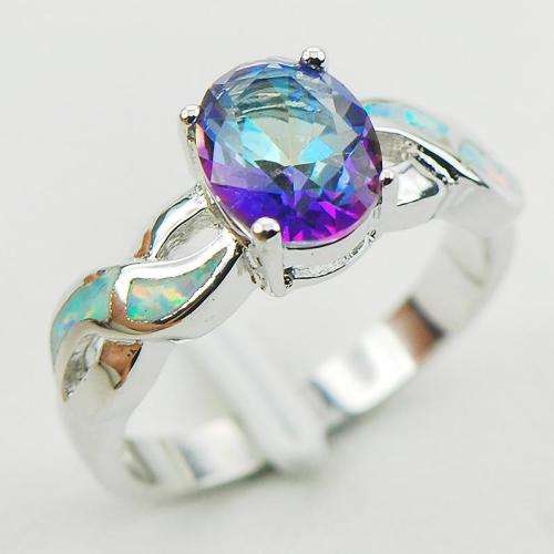 RAINBOW TOPAZ & WHITE FIRE OPAL SILVER FILLED RING SIZE 9