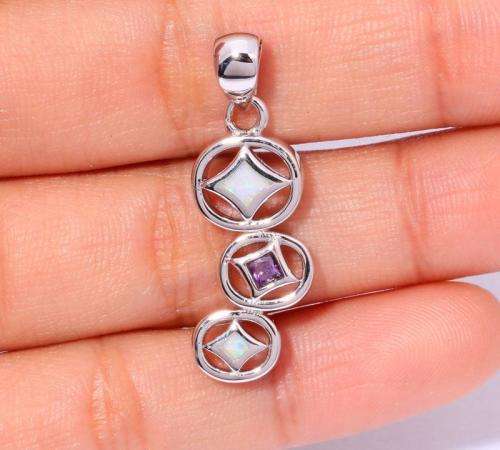 WHITE FIRE OPAL & AMETHYST SILVER FILLED PENDANT