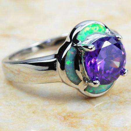 WHITE FIRE OPAL & AMETHYST SILVER RING SIZE 8