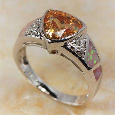 PINK FIRE OPAL, MORGANITE & ZIRCON SILVER RING SIZE 8