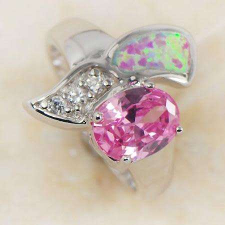 PINK FIRE OPAL & WHITE TOPAZ SILVER RING SIZE 8