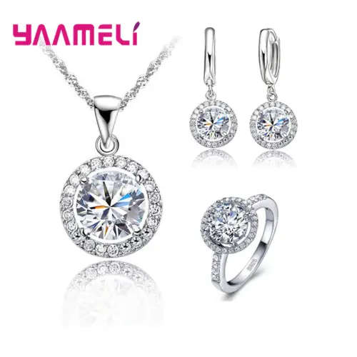ROMANTIC SILVER CUBIC ZIRCON NECKLACE EARRING AND RING SET SIZE 9