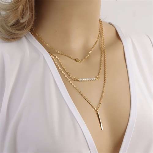 3 LAYER CHAIN BAR AND BEADS NECKLACE GOLD PLATED