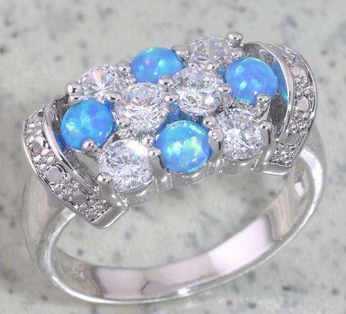 BLUE FIRE OPAL, WHITE TOPAZ SILVER RING SIZE 9