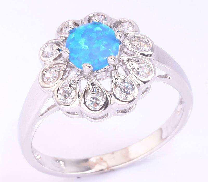 BLUE FIRE OPAL & ZIRCON SILVER RING SIZE 9