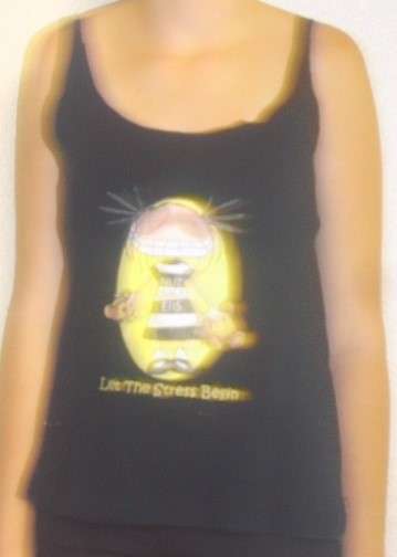NUT CRACKER LET THE STRESS BEGIN. BLACK SLEEVELESS T. SIZE L. AS NEW