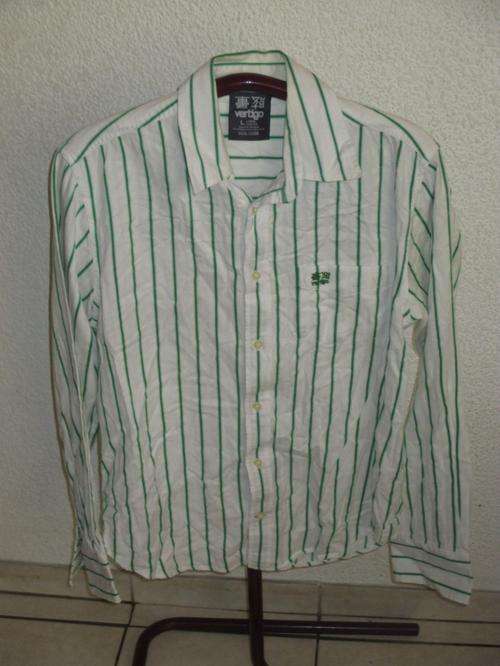 VERTIGO WHITE WITH GREEN STRIPE SHIRT. SIZE LARGE. AS NEW