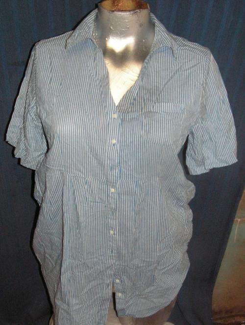 BLUE STRIPED SHIRT. RENE TAYLOR. SIZE 18. AS NEW