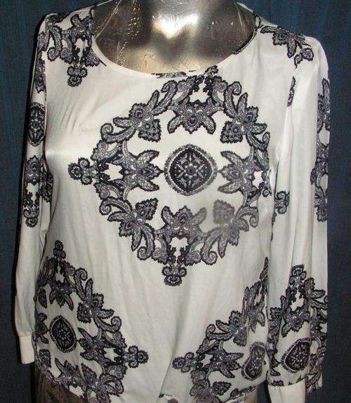 BLACK & WHITE PAISLEY TOP WITH TIE FRONT DETAIL. SIZE 16. AS NEW