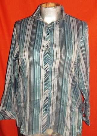 SHADES OF BLUE STRIPED SHIRT. SIZE 18. STRETCHY. RENE TAYLOR. CONDITION: VERY GOOD