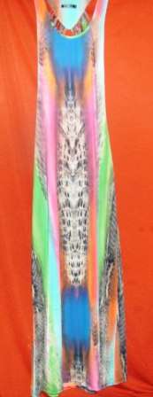 MULTI COLORED MAXI DRESS. DIAMOND OPENING AT BACK. SIZE MEDIUM. CONDITION: AS NEW