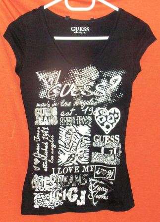 BLACK PRINTED T. GUESS. SIZE SMALL. CONDITION: AS NEW