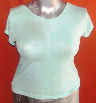 SHEER SEA GREEN TSHIRT TOP WITH ZIP AT BACK. SIZE MEDIUM. CONDITION: AS NEW