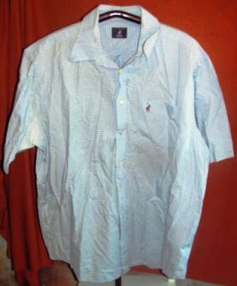 BLUE STRIPED PRINGLE SHORT SLEEVE SHIRT. SIZE EXTRA EXTRA LARGE. CONDITION: VERY GOOD