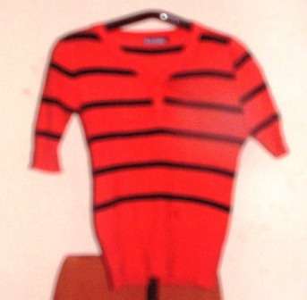 RED & BLACK STRIPED KNIT. 3/4 SLEEVES. LARGE. CONDITION: VERY GOOD