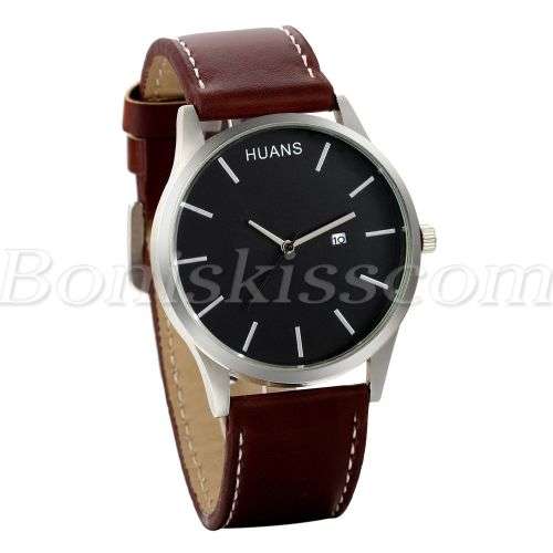 Men's Simple Casual Big Scale Dial Leather Strap Date Quartz Wrist Watch Watches
