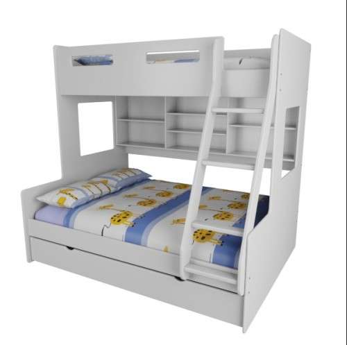Bunk Bed with double bottom, single on top, additional pull out bed and bookshelf