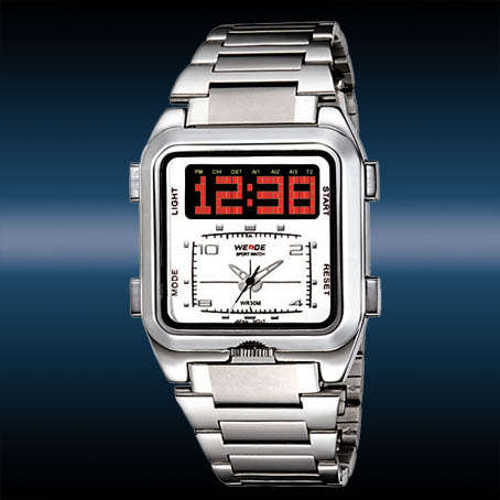 NEW LCD DAYDATE STAINLESS STEEL RETRO ANALOG MEN WATCH