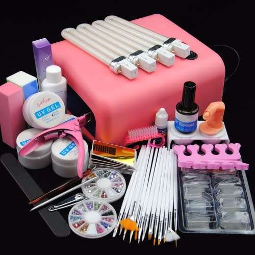 FULL UV GEL NAIL KIT SET WITH 36W LAMP WHITE / PINK