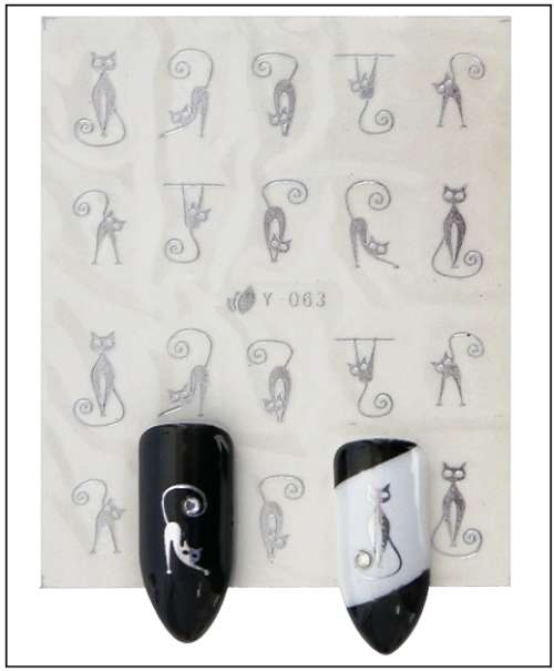 SILVER CAT NAIL ART DECALS STICKERS 063